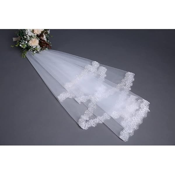 DOUBAO Bruid lange sluiergezicht met kanten rand bruiloft huwelijk haar accessoires (Color : As shown, Size : 150cm)