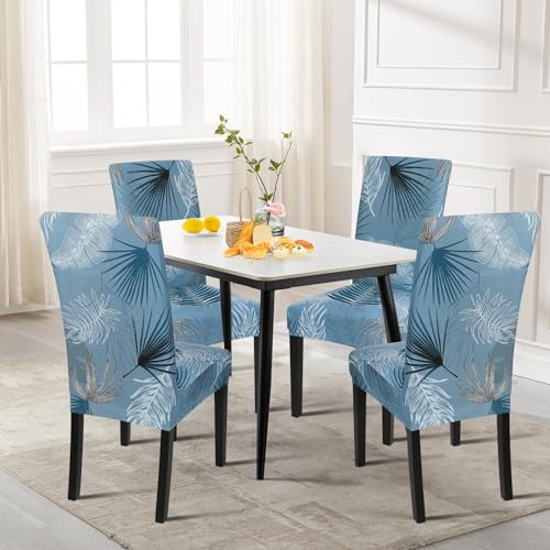 Image of SearchI Summer Pattern Dining Room Chair Covers Set of 4, Stretch Printed Parsons Chair Slipcovers Spandex Removable Washable Kitchen Chair Protector Cover for Dining Room, Hotel, Ceremony (Blue)