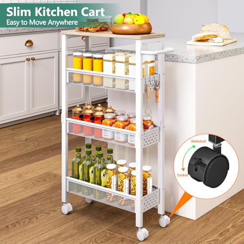 Image of Vivihomety Utility Slim Storage Cart, 4 Tier Small Rolling Kitchen Laundry Room Cart with Wood Top, Metal Bathroom Storage Cabinet Mobile Shelf Unit Organizer Trolley with Handle for Narrow Space