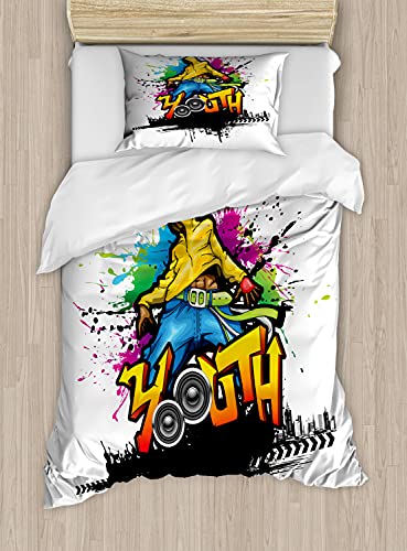 Ambesonne Youth Duvet Cover Set, Young Man Hip Hop Culture Graffiti Art and Street Culture Performer Colorful Grunge, Decorative 2 Piece Bedding Set with 1 Pillow Sham, Twin Size, Yellow Blue