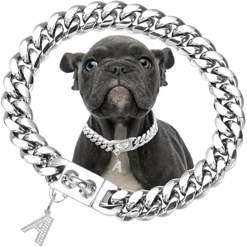 Collare per cani argento da 15 mm di larghezza con ciondolo, catena metallica in acciaio inossidabile con maglie cubane, collari resistenti e masticabili per cani di taglia piccola e media (30 cm)