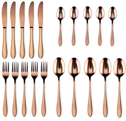STAR WORK Mirror Finish Rose Gold Plated Stainless Steel Flatware Set, Copper Silverware Set, Copper Color Cutlery Sets,[Dinner Fork-Tea Spoon-Salad Spoon-Knife] (Set of 20)
