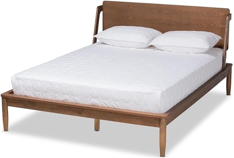 BOWERY HILL Modern Wood Full Size Platform Bed, Ash Walnut Finish, Solid Rubberwood Frame, Mid-Century Style, Tapered Legs, Internal Slats, No Box Spring Required, Bedroom Furniture
