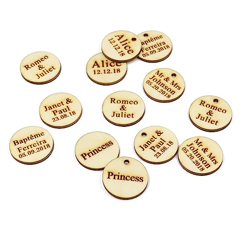 50 Pcs Personalized Custom Country Wedding Vintage Wooden Round Label,Baby Baptism Birthday Party Gift Wine Tag Wedding Decoration (Wood No Hole,4 CM)