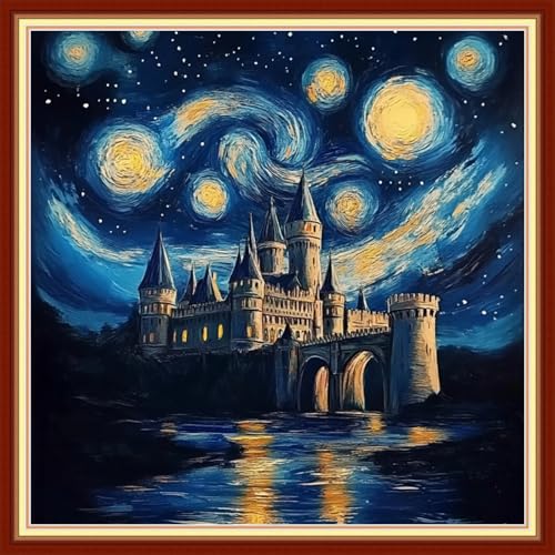 Image of Joyhoor Cross Stitch Kits for Beginners Stamped Cross-Stitch Supplies Needlework preprint Embroidery Kits for Adults DIY Needlepoint Kits Embroidery Patterns 11CT-Van Gogh Starry Sky 18x18 inchs