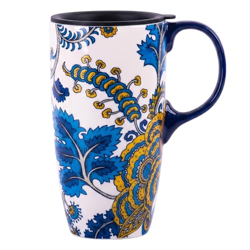Taza de viaje cerámica 17oz con tapa diseño floral azul