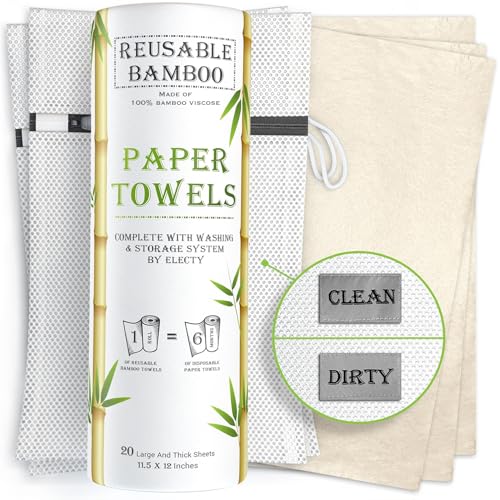 Product Image of the Electy Reusable Paper Towels – 20 Bamboo Viscose Paper Towels with 2 Wash and Storage Bags, 6 Month Supply, 1 Roll, Zero Waste! Heavy Duty - Eco Friendly Paper Towels - Paperless Paper Towels