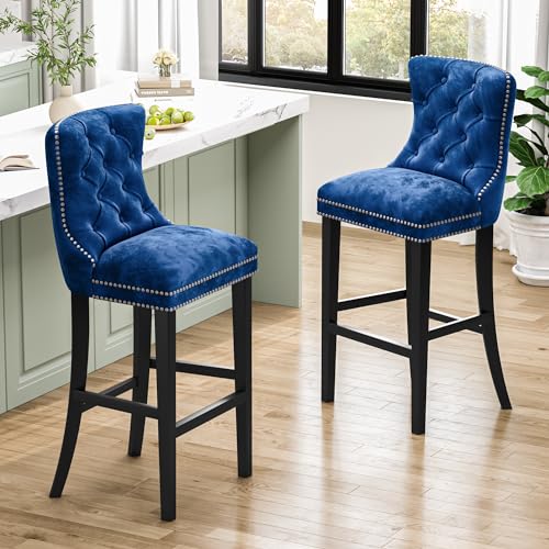 DKLGG 27''H Counter Height Bar Stools Set of 2, Velvet Tufted High Bar Stools with Back and Footrest, Upholstered Bar Tall Chairs for Kitchen Island, Dining Room, Pub(Blue)