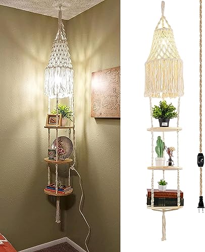 Lámpara colgante con enchufe sin obras para iluminar estante plantas macramé boho