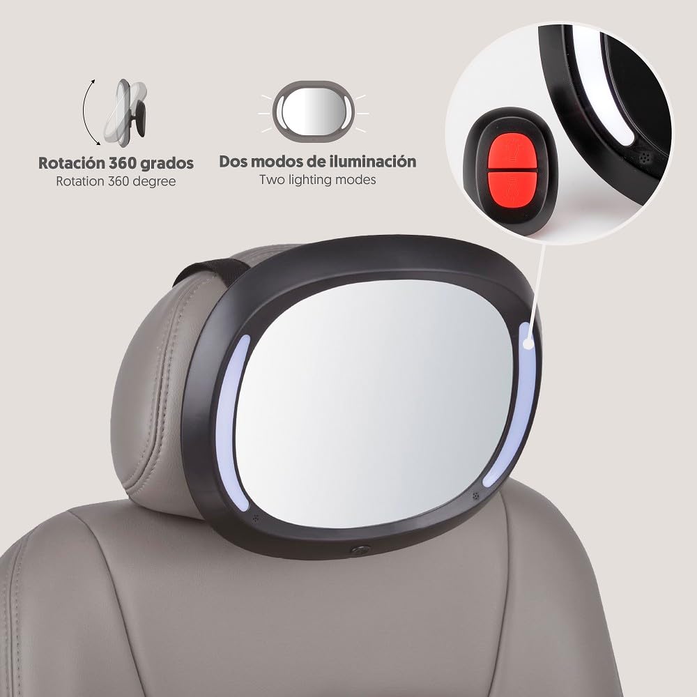 Interbaby Specchio auto per seggiolino posteriore con luci Led e telecomando, Nero
