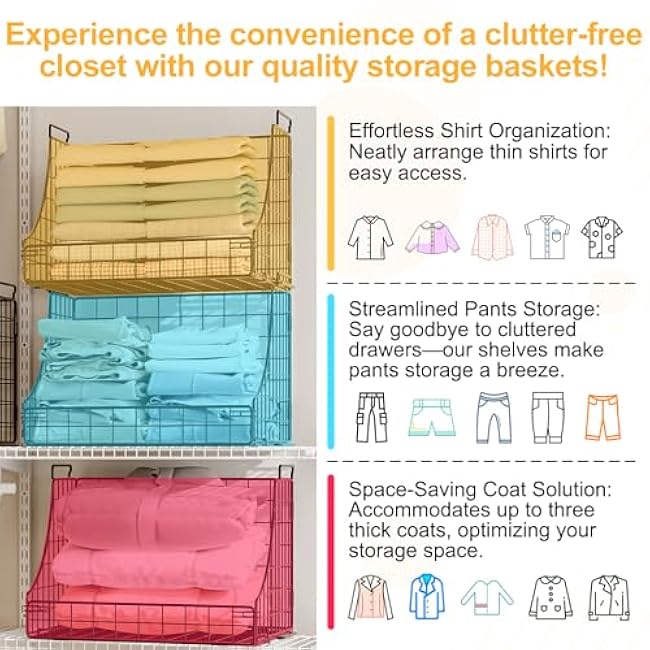 4-Pack Stackable Wire Baskets for Closet Organizers and Storage, Open Storage Bins for Clothes, Toys, and Snacks - Rustic Metal Closet Organizers and Storage Shelves in Black