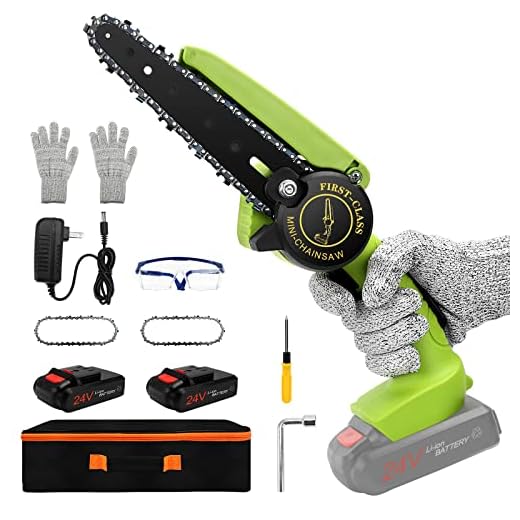 Mini Chainsaw Cordless 6", VOKITA Handheld Electric Chainsaw, Battery Chainsaw for Wood Cutting Tree Branches Pruning, Small Chainsaw, Green ( 2 Chains 2 Batteries)