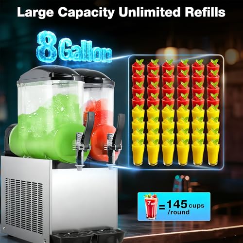 Image of Slushie Machine Commercial, 4Galx2 Tanks Frozen Drink Machine, 110V Stainless Steel Margarita Slushie Maker for Restaurant Bar Home Party Cocktail Alcohol Beverage Wine (Shiny Silver- 3 modes)