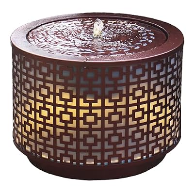 Sunnydaze Metal Cylinder Bubbler Outdoor Water Fountain - 14.25-Inch - Features LED Lights and Repeating Squares Pattern