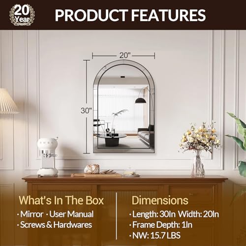Image of MOON MIRROR Arched Mirror for Bathroom, Bathroom Mirrors for Over Sink, 20x30 inch Matte Black Non-Rusting Vanity Mirror in Delicate Tessellated Glass Design