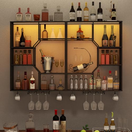 YOURLITE Porte Bouteille Mural Industriel,Étagère à Vin en Métal Murale avec LED,Porte-Verre,3 Niveaux,Installation Double Face,Rangement Vin pour Bar,Cuisine,Salon,Salle à Manger,160x20x106cm,Noir