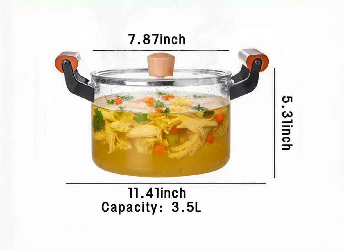 2.5l/3.5l/4.5l/5.5l clear glass for cooking on stove, big with wooden handle, large simmer for stove potpourri, frying with clear lid for boiling, heat-resistant, food-grade & easy to clean (3.5l)