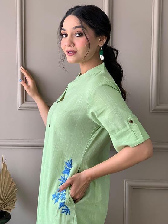 Women's Pure Cotton Chick Embroidery Solid Co-Ord Set | Ethnic Half Sleeves Cotton Kurta Pants Set Green