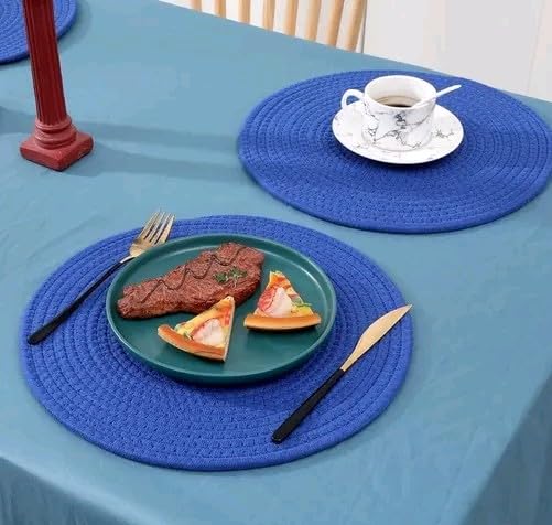 Image of Cotton Rope Placemats, Round Red with White Border, Set of 4, Heat Resistant Table Mats (Blue)