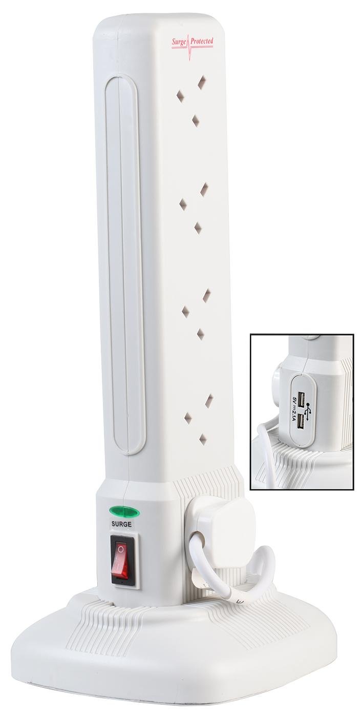 Pro Elec White 10 Gang Switched Surge Protected Tower Extension Lead With Usb, 2M,