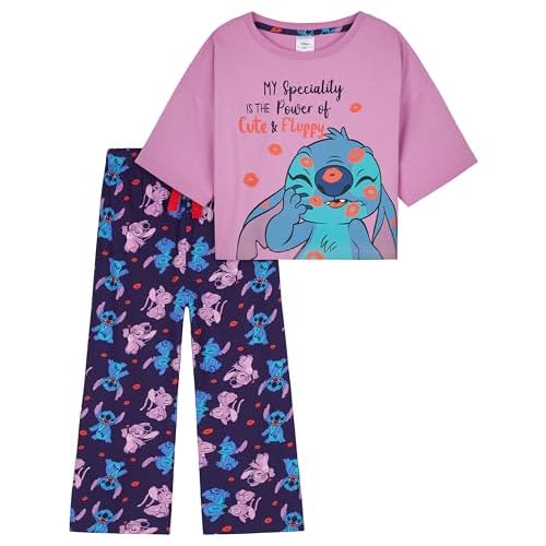 Disney Stitch Pijama Niña, Conjunto de Pijama con Camiseta y Pantalones para Niños y Adolescentes (Morado/Azul Marino, 13-14 años)