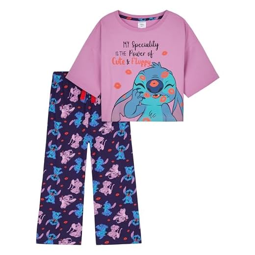 Disney Stitch Pijama Niña, Conjunto de Pijama con Camiseta y Pantalones para Niños y Adolescentes (Morado/Azul Marino, 13-14 años)