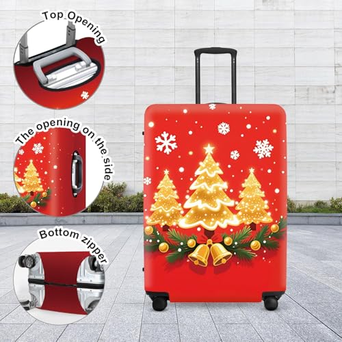 Image of Golden Tree Luggage Cover - Shimmering trees, bells, and holly leaves on a red background, an elegant holiday design, suitable for 32-34 inch suitcase extendable protective cover