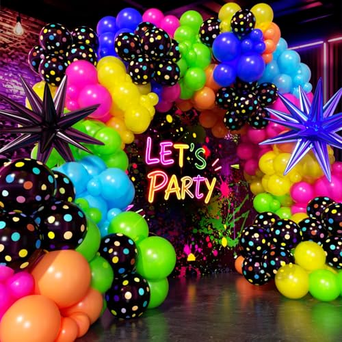 Monzleyyy 200Pcs Neon Balloons Garland Arch Kit with Glow in the Dark Balloons - Different Sizes Neon Balloon Arch Kit for Back to 80s 90s DISCO Birthday Lets Glow Party Rock Roll Party Decorations