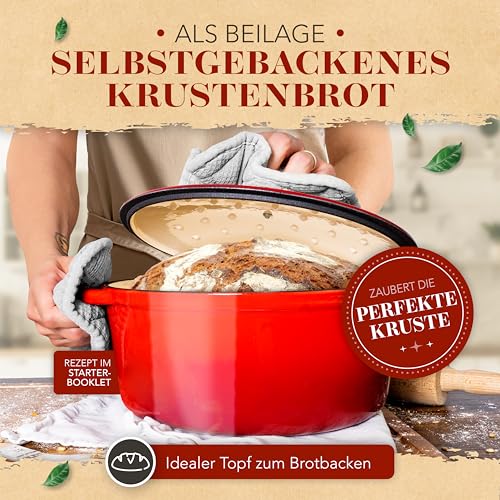 Foto von KRUSTENZAUBER Gusseisen Topf [inkl. Fleischgabel] - 26cm Schmortopf backofengeeignet - Idealer Bräter mit Deckel Backofengeeignet, Kochtopf Induktion, Emaille, Bratentopf Cast Iron