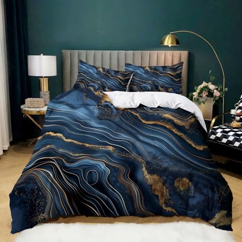 Navy Blue 3 Piece Complete Bedding Set 230x220cm Marble gold texture Printed Duvet Cover With Zipper Closure Ultra Soft Anti Allergic Non Iron Luxury Microfiber Quilt Duvet Cover Set