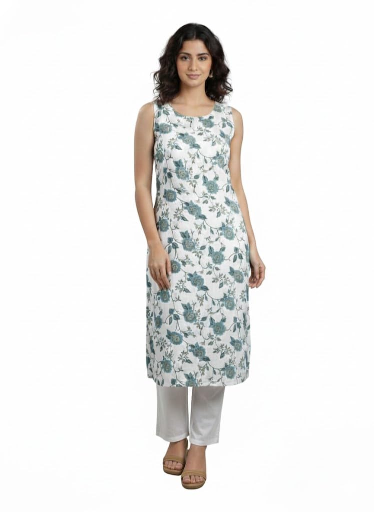 Women’s Sleeveless Floral Print Kurta in White and Teal Blue | Calf-Length Casual Maternity Regular Fit Lightweight-image-36