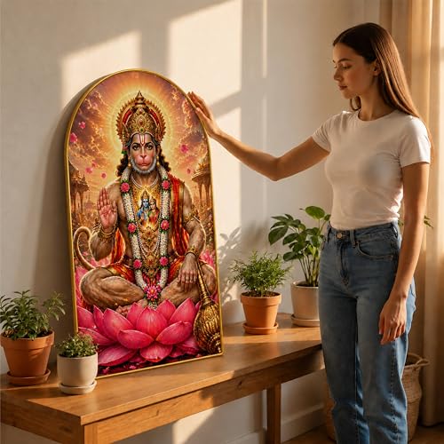 Image of SAF Lord Hanuman Wall Painting for Living Room, Devotional Lotus Artwork, PVC Golden Frame, Arch Shape Wall Decor for Pooja Room, Bedroom, Home Office & Gift (30 x 16 Inch) RPNL-01-98