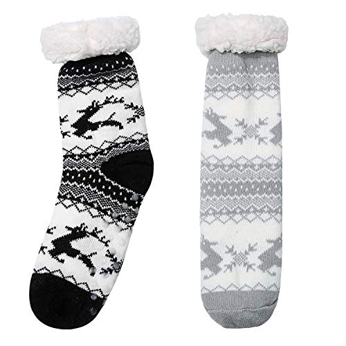 2 Pair Cozy Warm Womens Sherpa Lining Fuzzy Slipper Socks, Winter Crochet Christmas Thermal Slipper Sock with Silicone Grippers