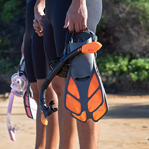 Seavenger Diving Dry Top Snorkel Set With Trek Fin, Single Lens Mask And Gear Bag, L/Xl - Size 9 To 13, Gray/Black Silicon/Orange #TOP1