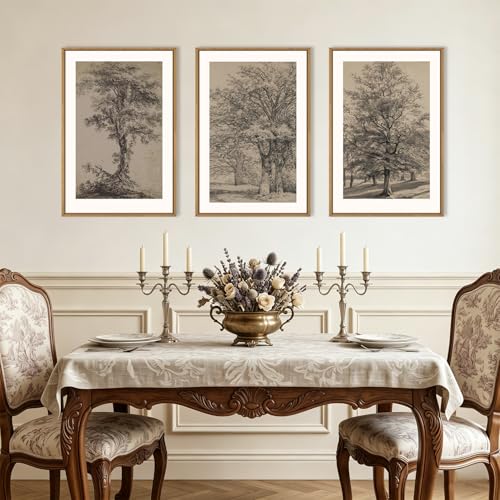 Image of KAIRNE Vintage Tree Sketch Framed Canvas Wall Art Set, Antique Tree Drawings Wall Decor, Retro Forest Art Prints, Modern Nature Landscape Artwork for Living Room, Bedroom, Farmhouse, Office-24 x36 x3