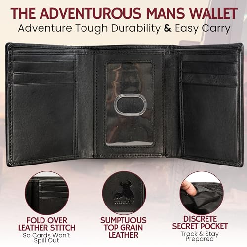 Image of BULL GUARD Genuine Nappa Leather Trifold Wallet For Men RFID And ID Window, Double Cash Compartment with Secret Pocket, Soft Premium Top Grain Leather Black, Stylish & Secure Everyday Carry, Gift Box