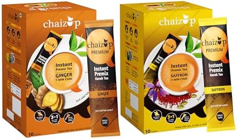 Chaizup Premium 1 Min Instant Assorted Tea Pack - 20 Sachets | Ginger & Saffron Flavours | 20 Servings | 2 Packs (10 Flavours Each) | 280g