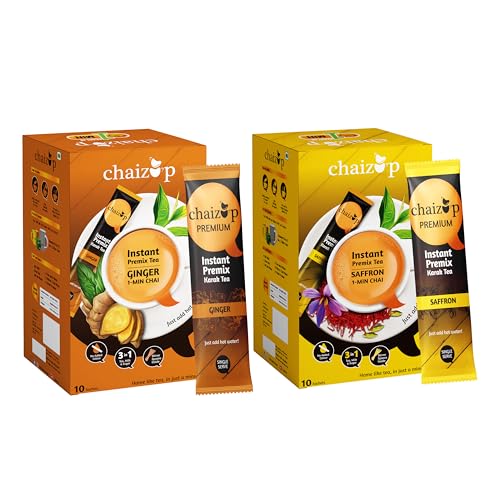 Image of Chaizup Premium 1 Min Instant Assorted Tea Pack - 20 Sachets | Ginger & Saffron Flavours | 20 Servings | 2 Packs (10 Flavours Each) | 280g
