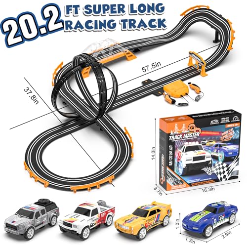 Image of Slot Car Race Track Sets with 4 Slot Cars, Electric Race Car Track Include Slope Circular Overpass Track, Dual Racing Game Featuring Flash Bridge and Pendulum, Gifts Toys for Boys Kids Age 6 7 8-12