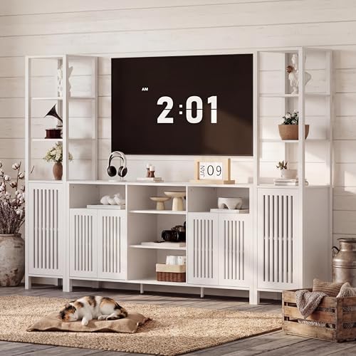 Image of Rustic Farmhouse TV Stand for Up to 70 Inch TVs, Multi-Functional Entertainment Center with Bookshelves and Storage Cabinet, Versatile Media Console for Living Room & Bedroom Organization