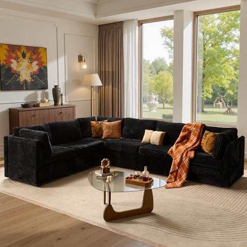 Image of ovios Modular Sectional Sofa Couch with V-Shape Chaise Convertible, Comfy Plush Corduroy Cloud Couches, Modern Luxury Deep Seat Sofas Set for Living Room, 6-Seater, Black