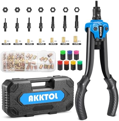 AKKTOL Nietmutternzange Set inkl. 80 Nietmuttern M3-M12, Dorne, Box & Schutzgehäuse - Robuste Gewindenieten Zange Set für Autoreparatur & Metallbearbeitung