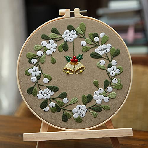 Image of Christmas Desktop Wall Decorations Hand Embroidery DIY Beginner Mistletoe Pattern Material Kit with Tutorial, Embroidery Thread, Professional Embroidery Needle and 7.9 inch Bamboo Embroidery Bandage