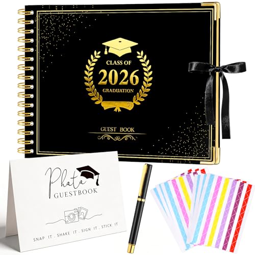 2026 Graduation Guest Book Signature Black Photo Guest Book Sign Memory Sign in Book with Pen Scrapbook Photo Album with DIY for Grad Party College Gifts 160 Pages