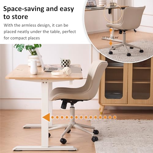 Image of YOUNIKE Office Desk Chair with Wheels Armless Vanity Chair Ergonomic Cream | Faux Leather Upholstered with Rocking Back, Swivel Height Adjustable, Modern Small Cute Task Chair For Sewing Drafting