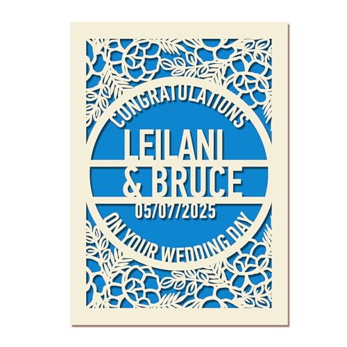 EDSG Personalized Wedding Cards for Bride and Groom, Congratulations Wedding Card Gifts for Couples, Newlyweds, New Mr & Mrs, Custom Greeting Card Laser Paper Cut with Name & Date (Blue)