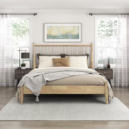 Lexicon Full Bed Frame with Headboard, Mid Century Modern Wood Platform Bed Frame with Vertical Slat Headboard, No Box Spring Needed, Easy Assembly, Natural