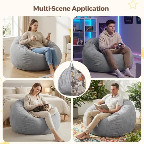AZHCHKE Stuffed Animal Storage Bean Bag Chair Cover for Adults (No Filler), Soft Comfy Velvet Beanbag Chair Cover Machine Washable, Adults Bean Bag Chair with Handle for Living Room Bedroom, Dark Gray - Thumbnail 7