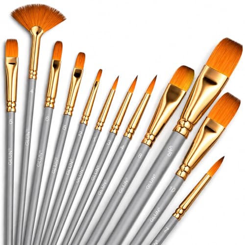 Image of GLUN Painting Brushes Set of 12, Grey Paint Brushes, Watercolor & Oil Painting Brushes, Fine Detail Round Pointed Tip Nylon Hair Artist Brushes for Canvas, Craft & DIY