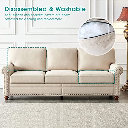 Calabash 3 Seater Couch Sofa, Modern Upholstered Linen Sofa With Classic Nails & Removable Cushion Backrest For Living Room, Bedroom, Apartment(Beige Fabric) #TOP5